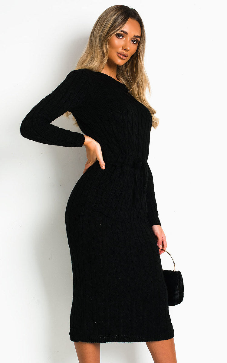 CABLE KNIT DRAWSTRING WAIST DRESS Dress WearAll