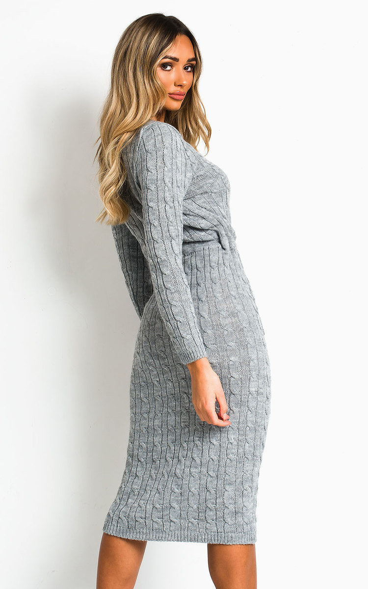 CABLE KNIT DRAWSTRING WAIST DRESS Dress WearAll