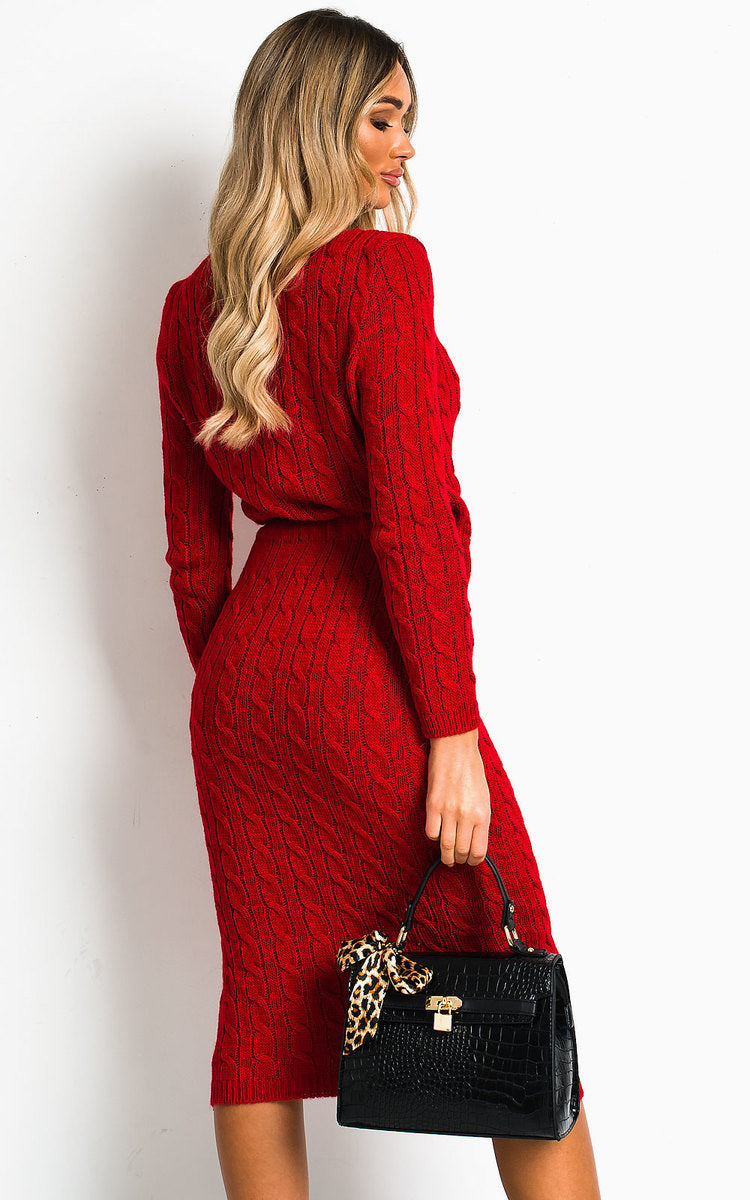 CABLE KNIT DRAWSTRING WAIST DRESS Dress WearAll