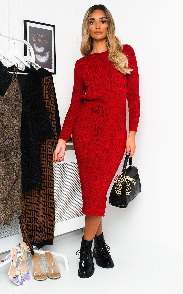 CABLE KNIT DRAWSTRING WAIST DRESS Dress WearAll Red 8