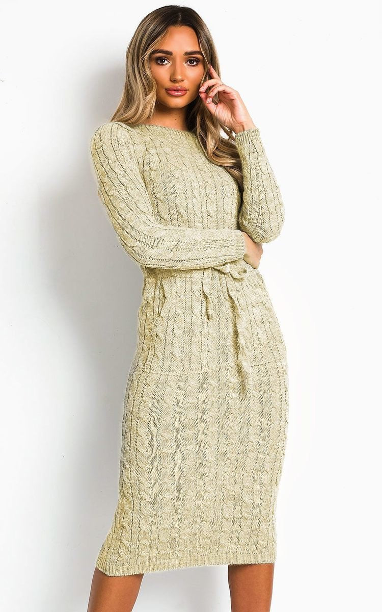 CABLE KNIT DRAWSTRING WAIST DRESS Dress WearAll Stone 8