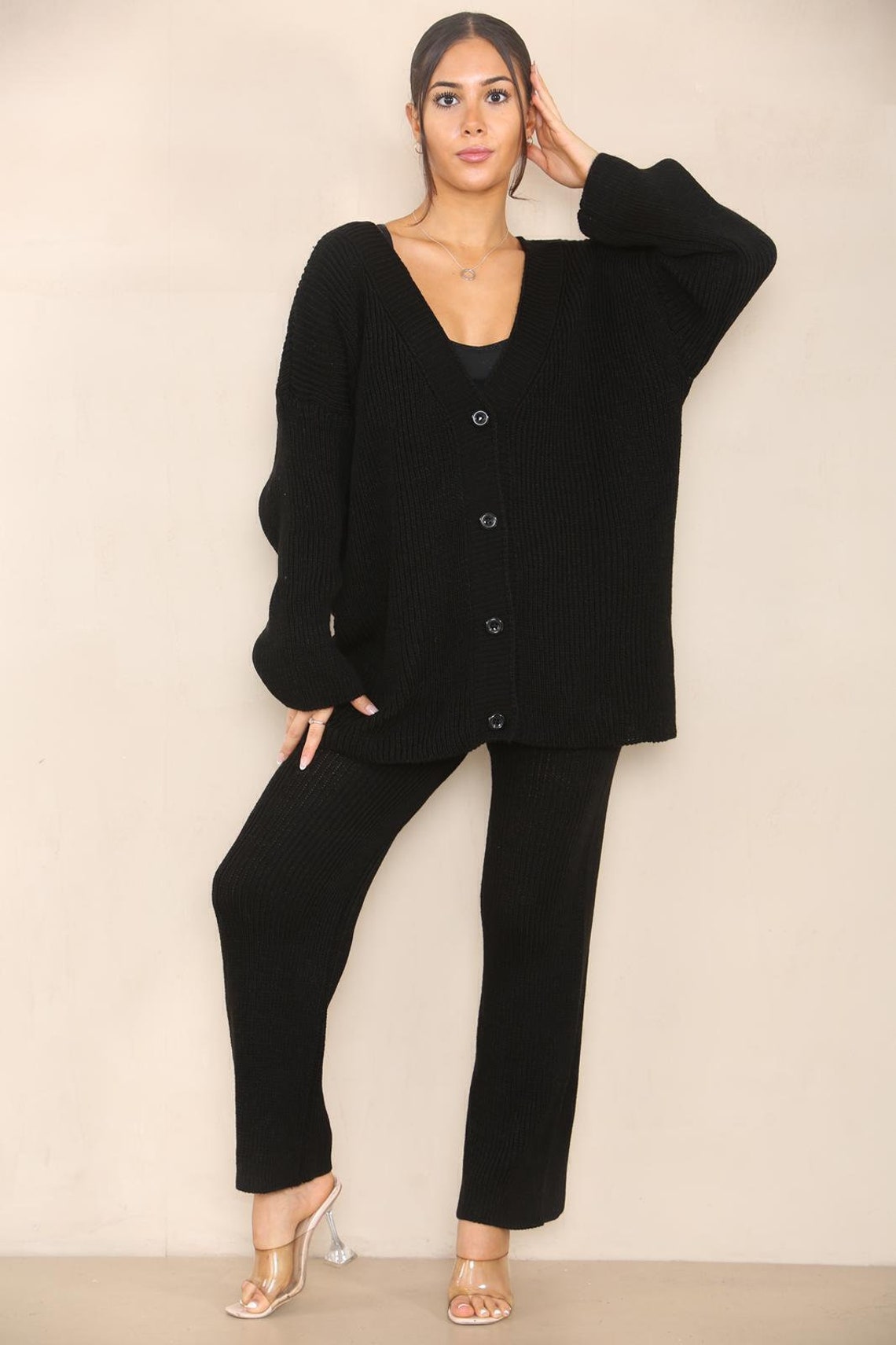 Chunky Knitted Button Up Set Loungewear WearAll Black 8-18
