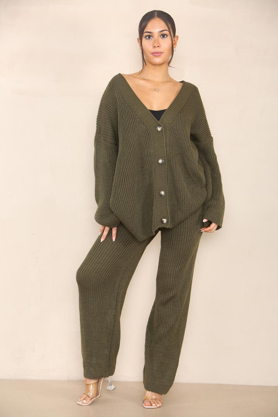 Chunky Knitted Button Up Set Loungewear WearAll Khaki 8-18