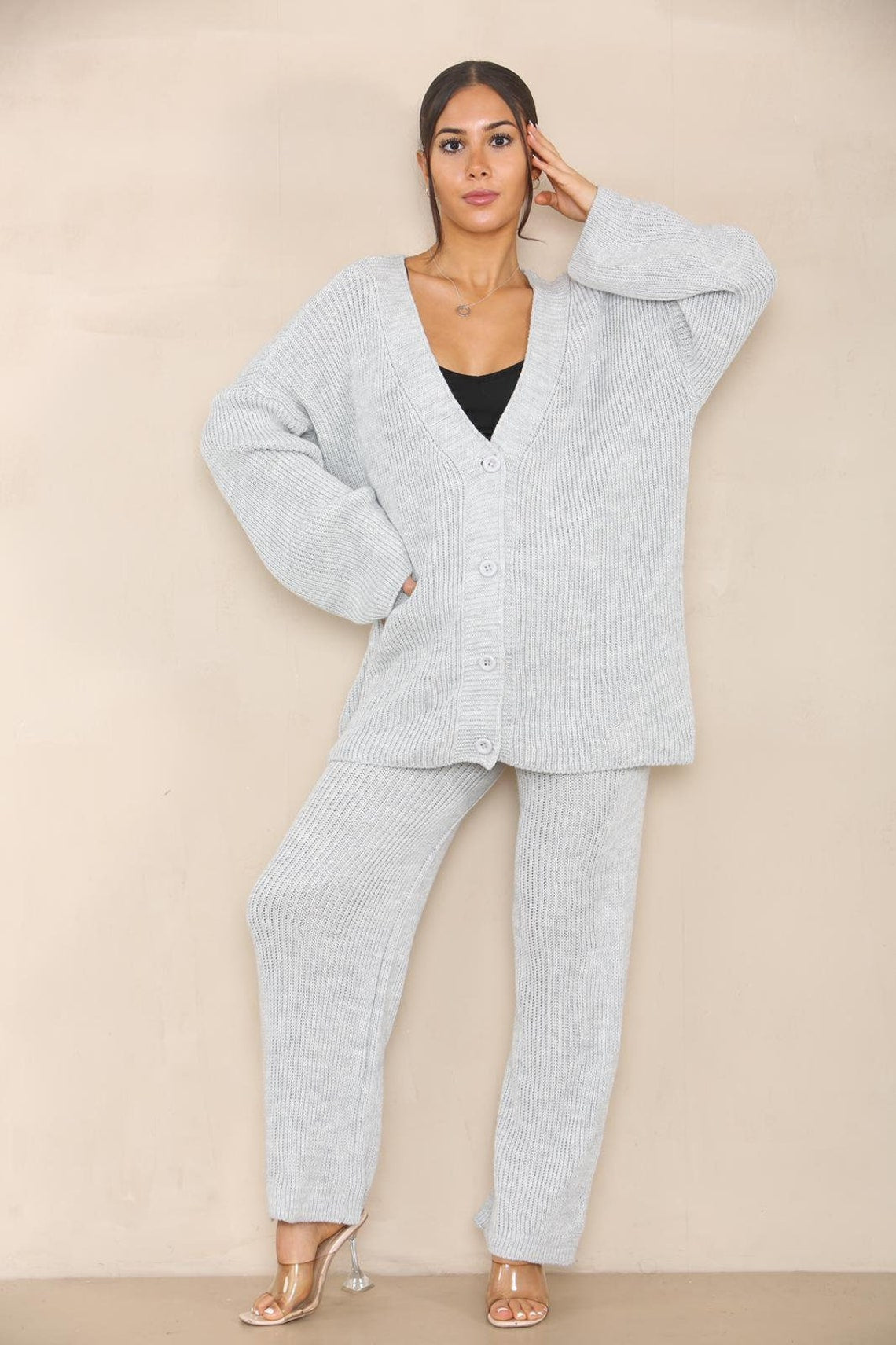 Chunky Knitted Button Up Set Loungewear WearAll Silver Grey 8-18