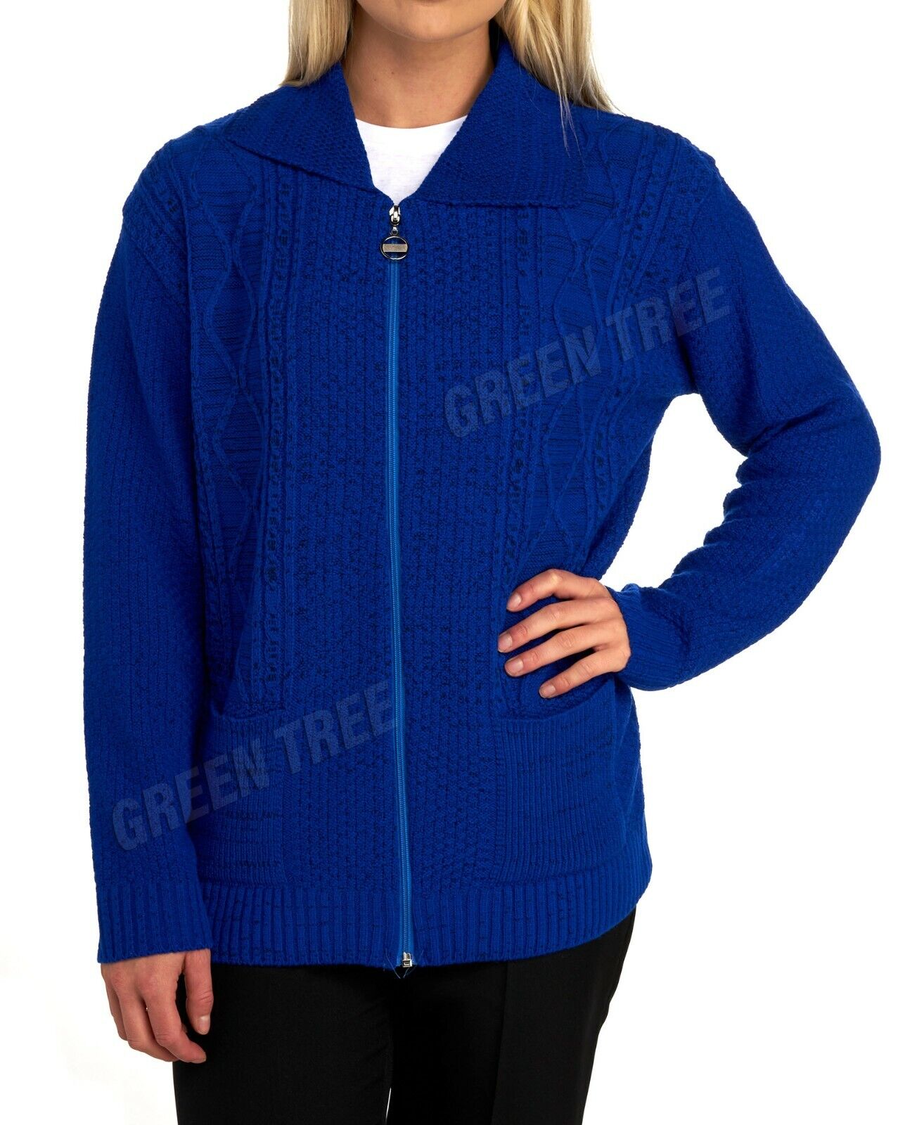 Knit Collar Long Sleeve Zip Cardigan Tops WearAll Royal Blue 8-10