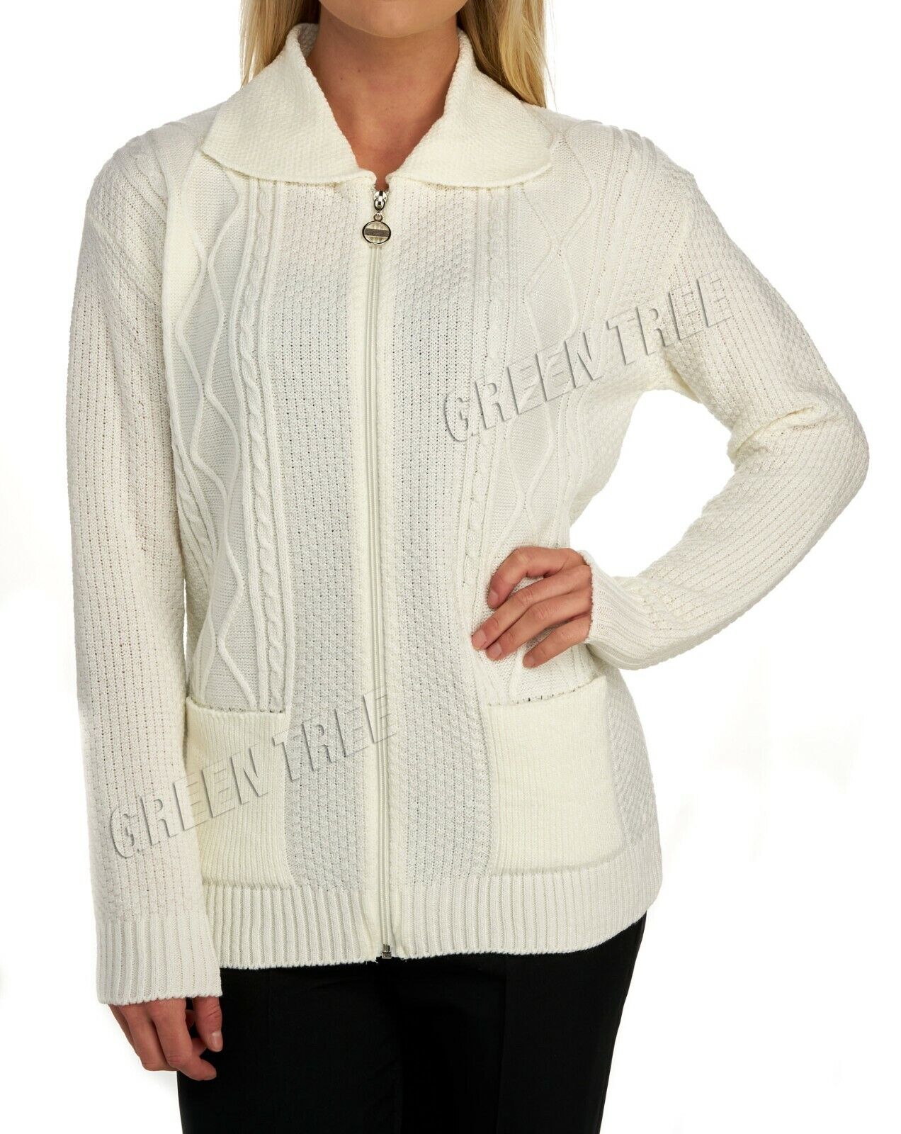 Knit Collar Long Sleeve Zip Cardigan Tops WearAll Cream 8-10