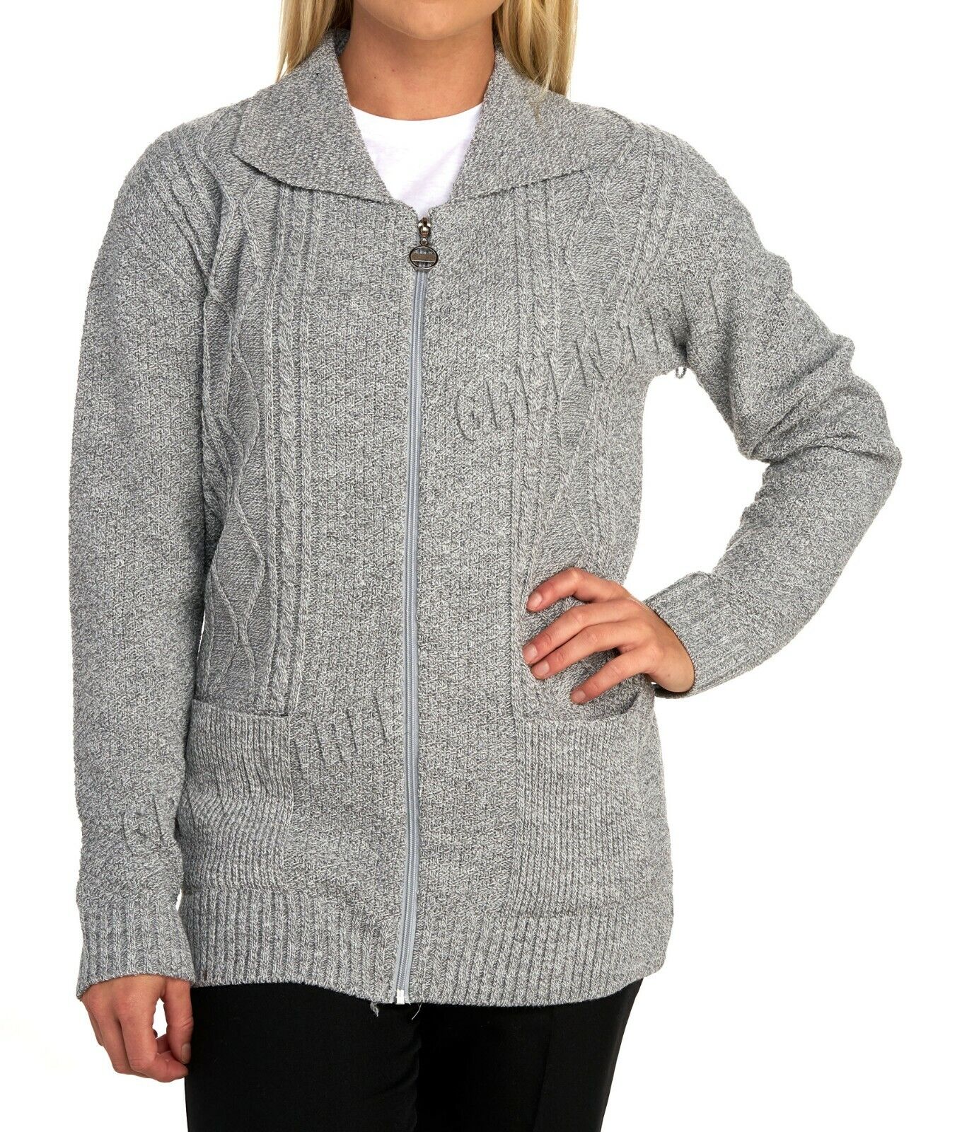 Plus Size Knit Collar Long Sleeve Zip Cardigan Knitted Cardigan WearAll Light Grey 16-18