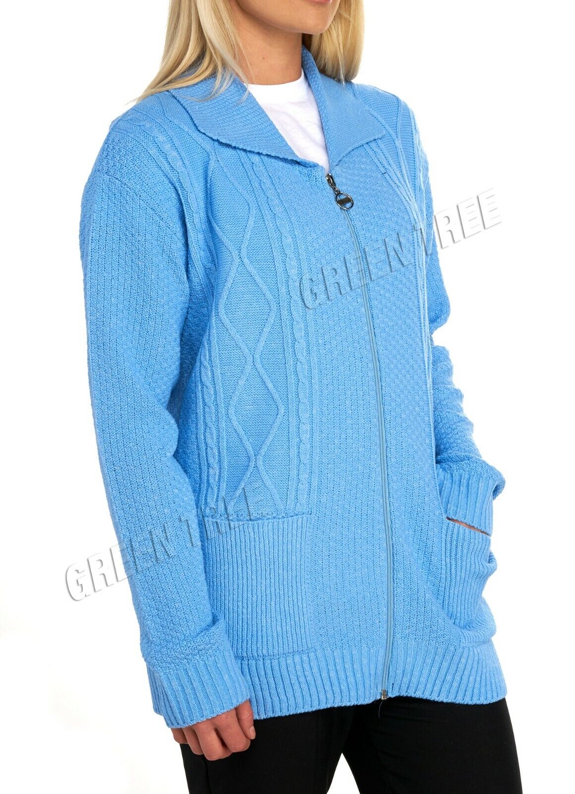 Plus Size Knit Collar Long Sleeve Zip Cardigan Knitted Cardigan WearAll Light Turquoise 16-18
