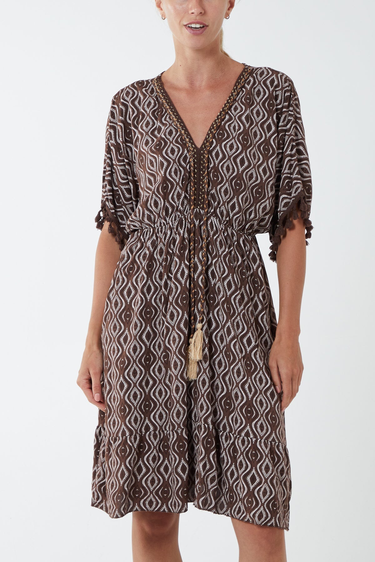 Geometric Tassel Trim Dress DMF2 WearAll Brown One Size