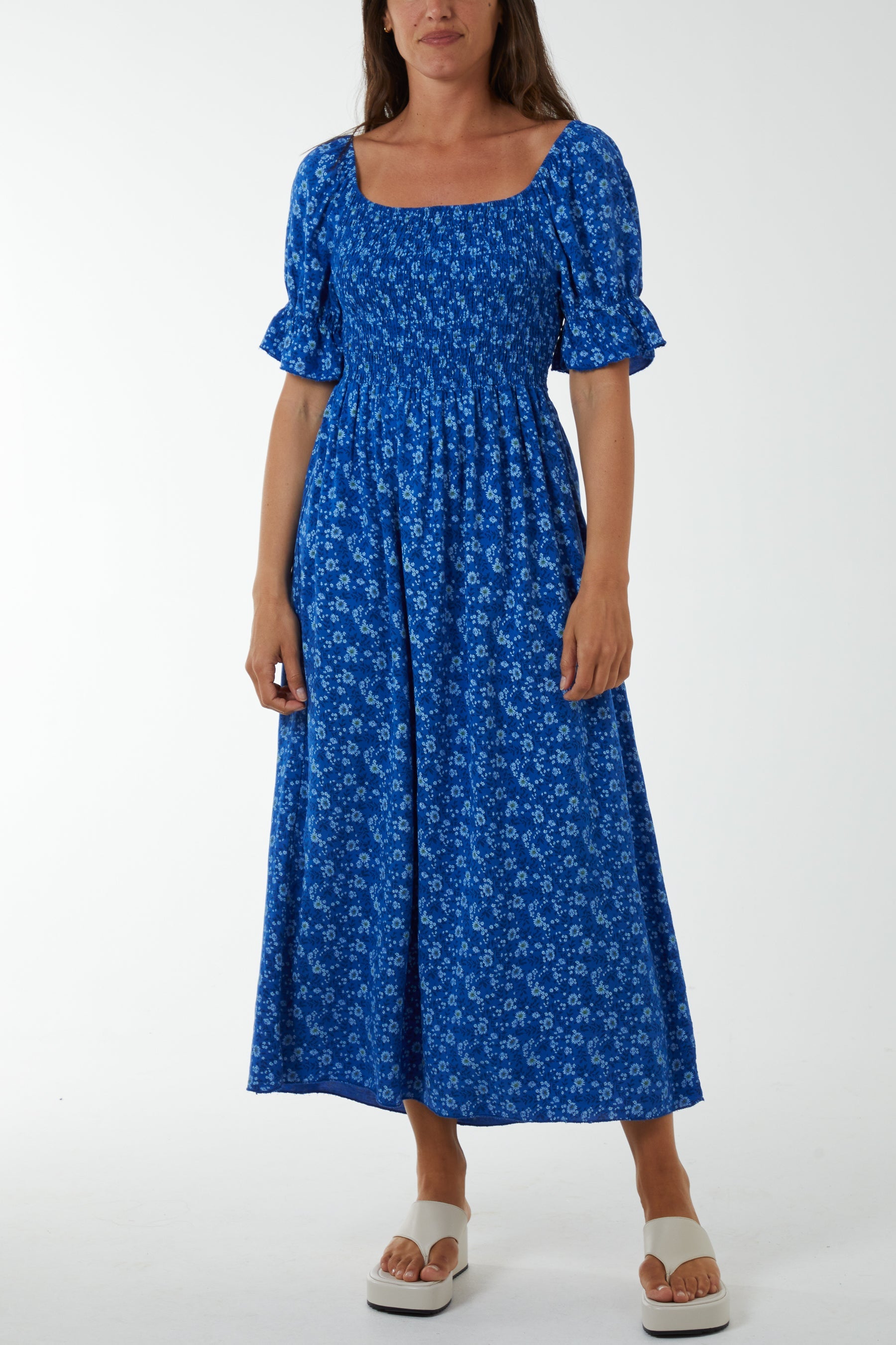 Puff Sleeve Floral Shirred Bodice Dress Clothing WearAll Royal Blue One Size