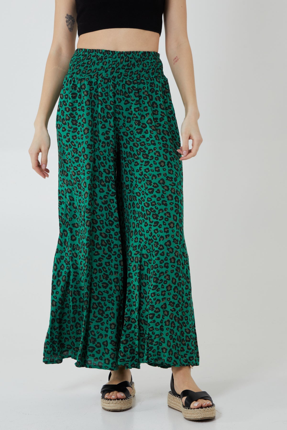 Leopard Print Ruched Waist Wide Leg Trousers TRS1 WearAll Jade One Size