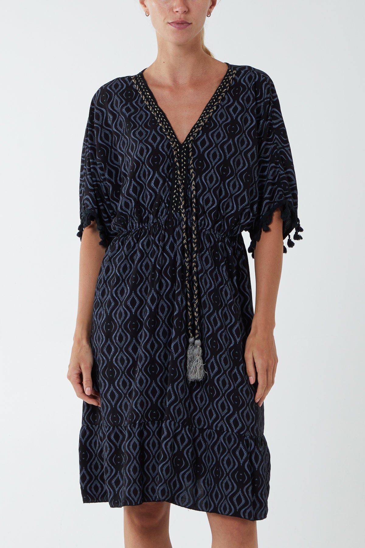 Geometric Tassel Trim Dress DMF2 WearAll Black One Size