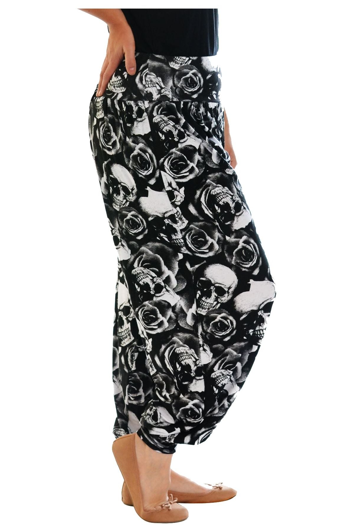 Skull and Rose Print Harem Trousers Trousers WearAll