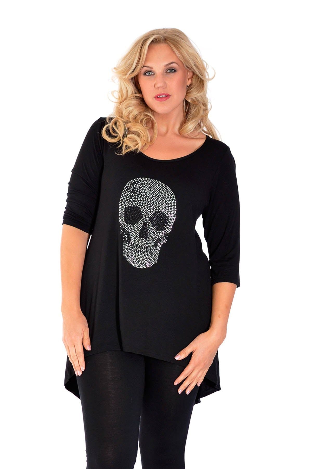Skull Tail Back Dip Hem Scoop Top Tops WearAll Black 14