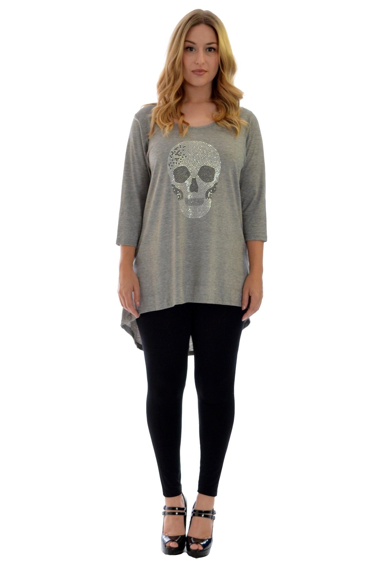 Skull Tail Back Dip Hem Scoop Top Tops WearAll