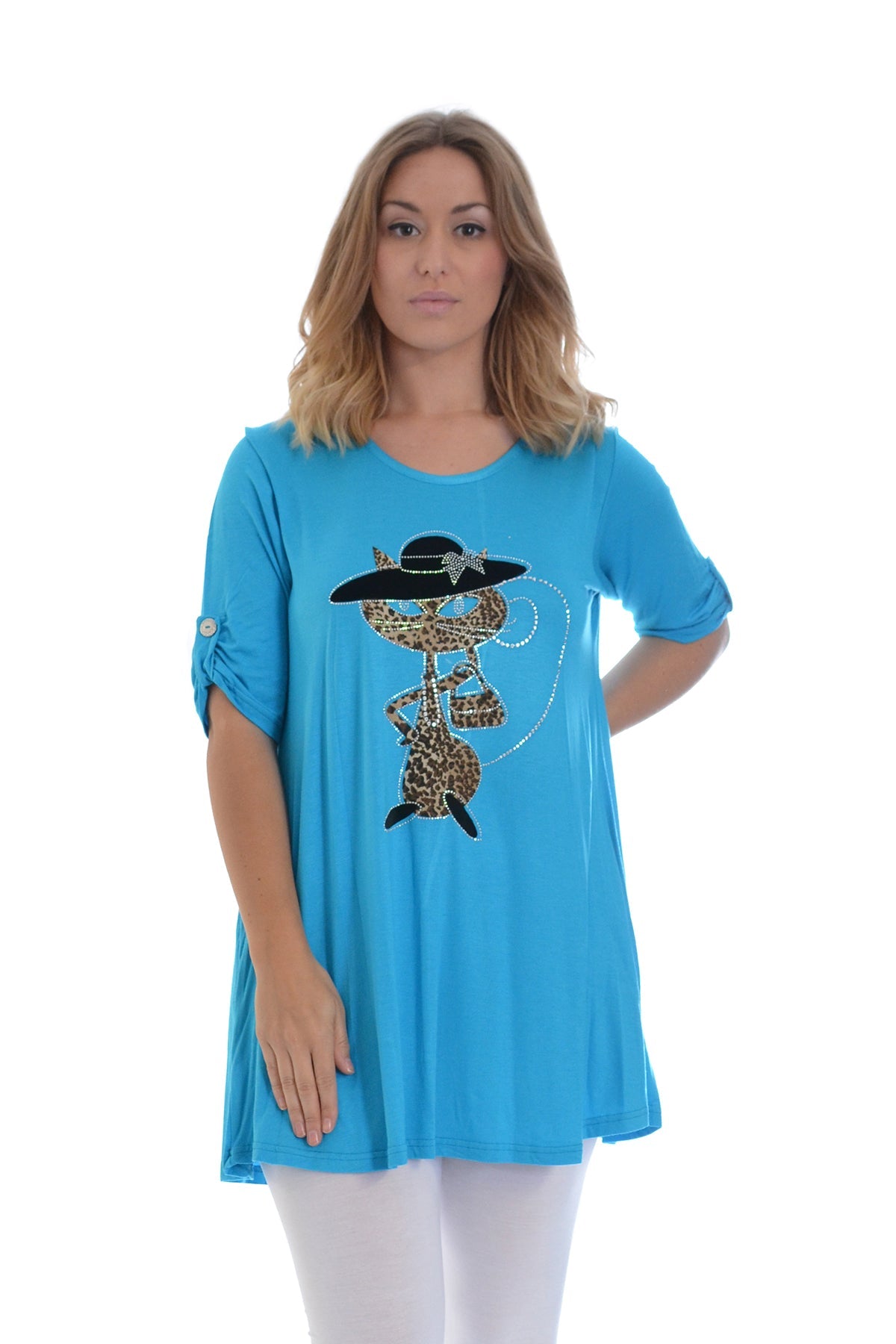 Cat Animal Print Short Sleeve Top Tops WearAll Turquoise 14