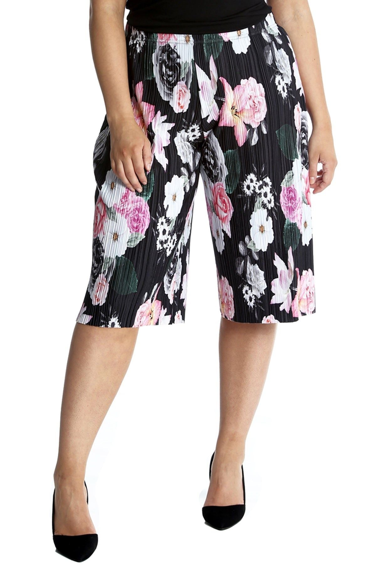 Plus Size Floral Print Crinkle Culottes Culottes WearAll Black 24-26