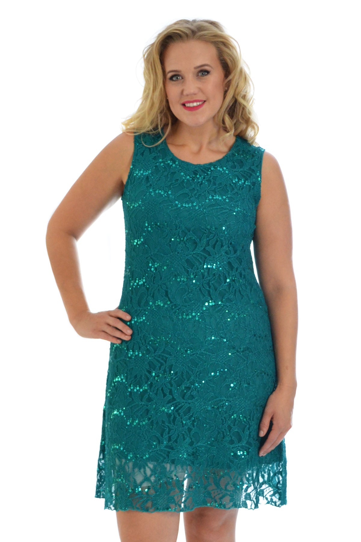 Floral Lace Sequin Ladies Sleeveless Party Dress Dress WearAll Green 12-14