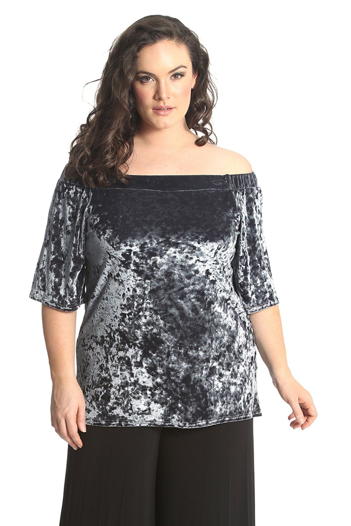 Crushed Velour Boho Party Bardot Top Tops WearAll Grey 14