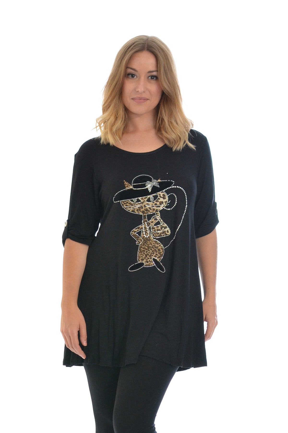 Cat Animal Print Short Sleeve Top Tops WearAll Black 14