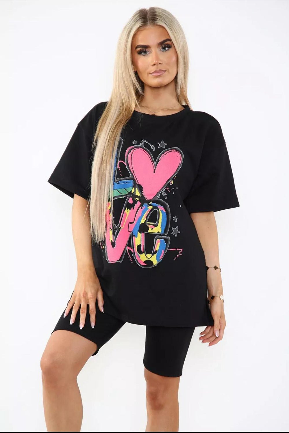 Love Side Slit Cycling Short and T-Shirts Co-Ord Two Piece Set with Front Love Slogan Co-Ord WearAll Black One Size UK Fit (Upto 14)