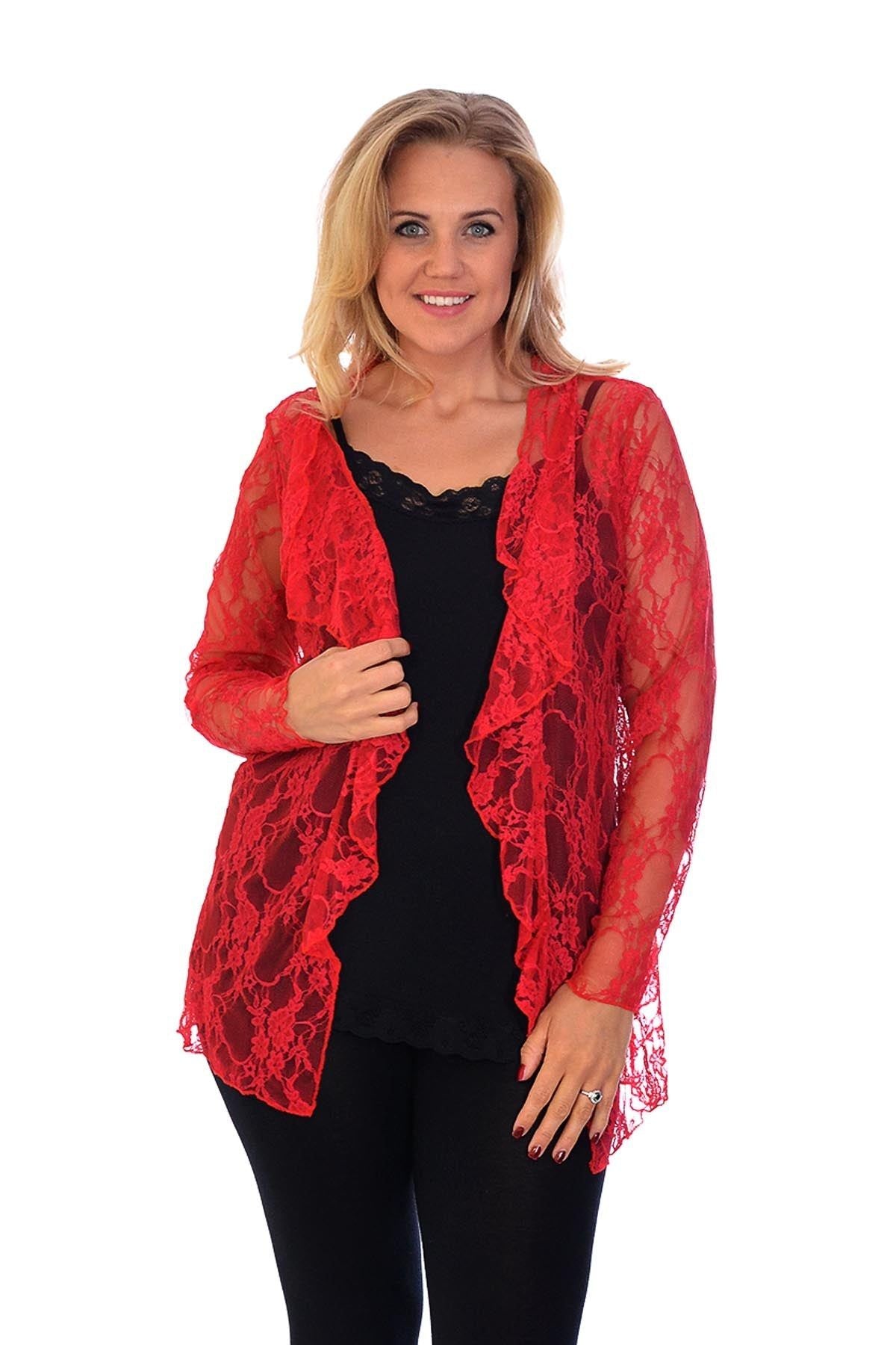 Floral Lace Open Cardigan Waterfall Top Tops WearAll Red 14