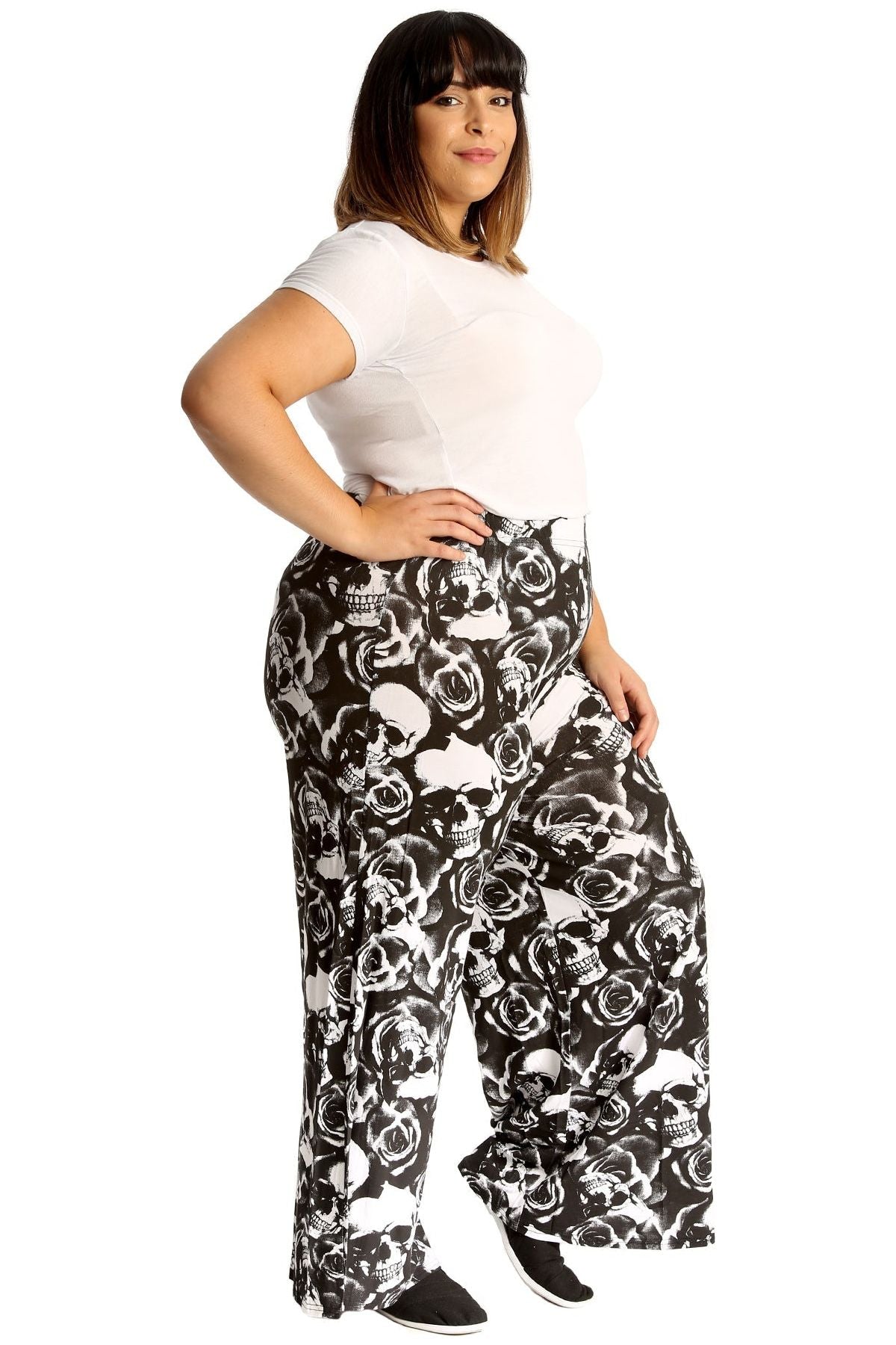 Plus Size Skull Roses Print Palazzo Trouser Palazzo WearAll