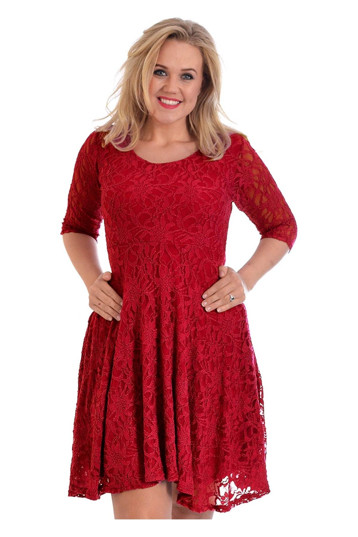 Plus size 3/4 Sleeve Ladies Skater Dress Dress WearAll Wine 14