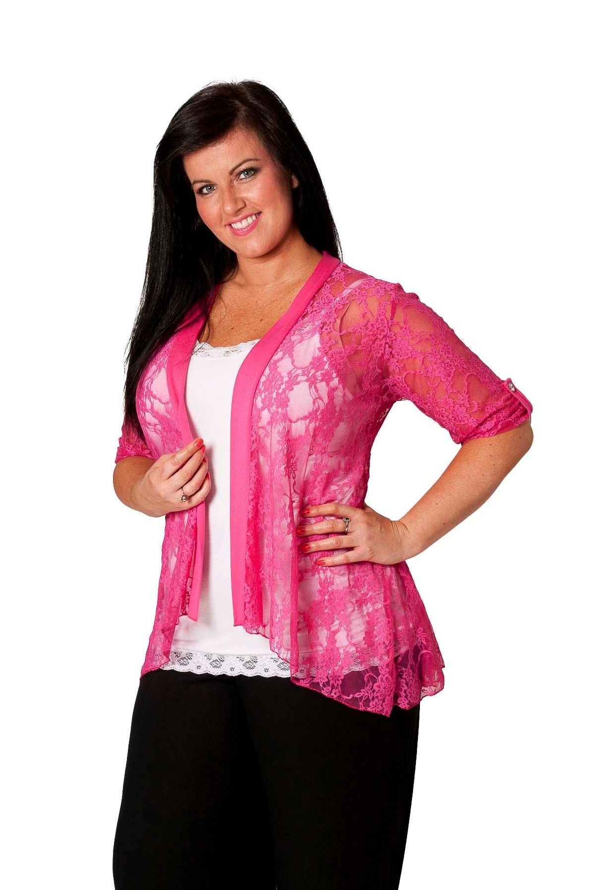 Lace Open Short Cardigan Top cardigan WearAll Cerise 14