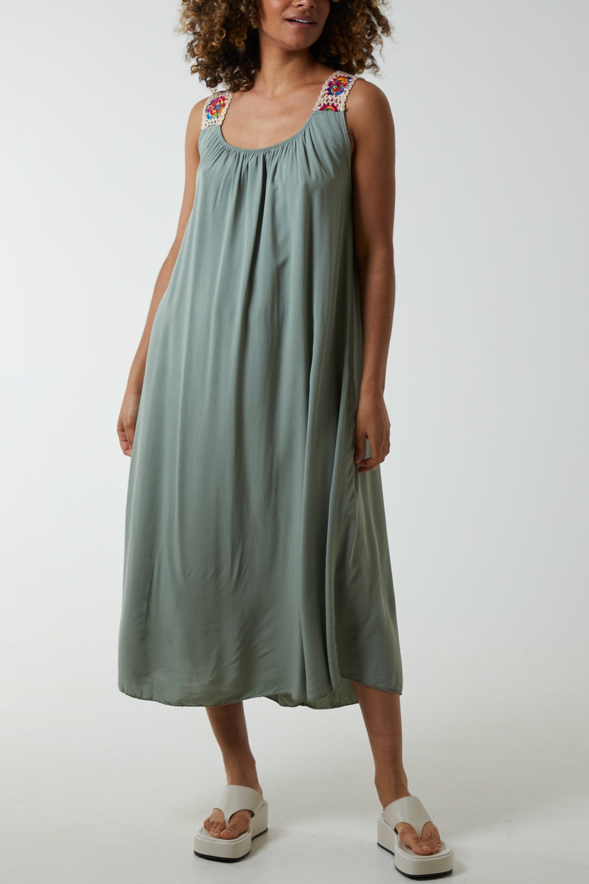 Crochet Sleeve Scoop Neck Midi Dress Dresses WearAll Khaki One Size