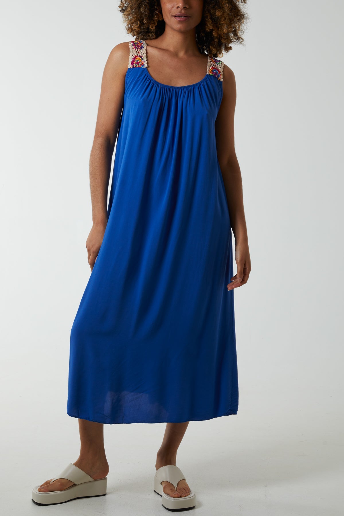 Crochet Sleeve Scoop Neck Midi Dress Dresses WearAll Royal Blue One Size