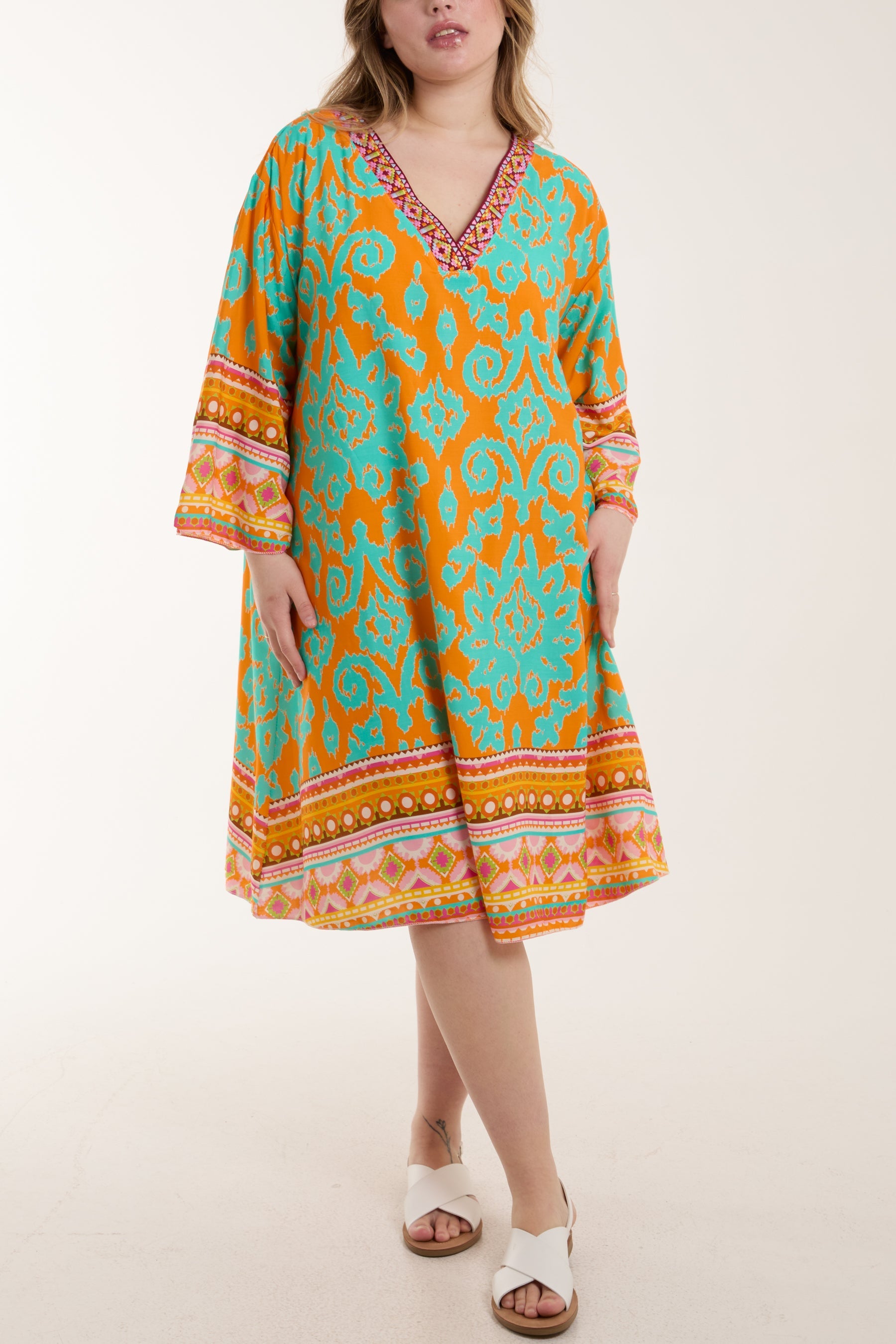 Embroidery V-Neck Printed Tunic Dress Dresses WearAll Orange One Size