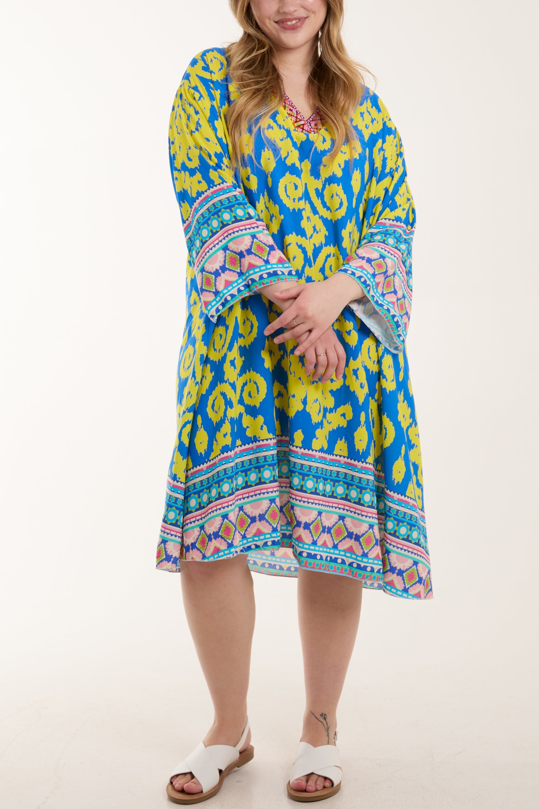 Embroidery V-Neck Printed Tunic Dress Dresses WearAll Royal Blue One Size