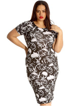 Plus Size Short Sleeve Skull Roses Print Midi Dress Dress WearAll Skull Roses 14