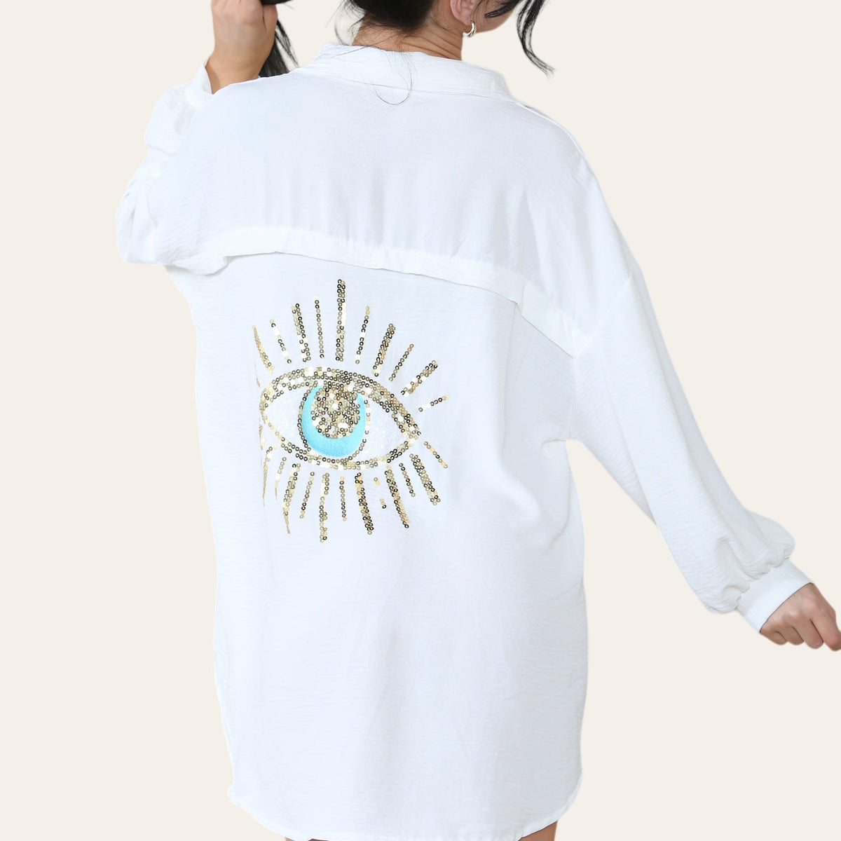 Oversized Long Sleeve Gold Sequin Eye Button Up Shirt – WearAll