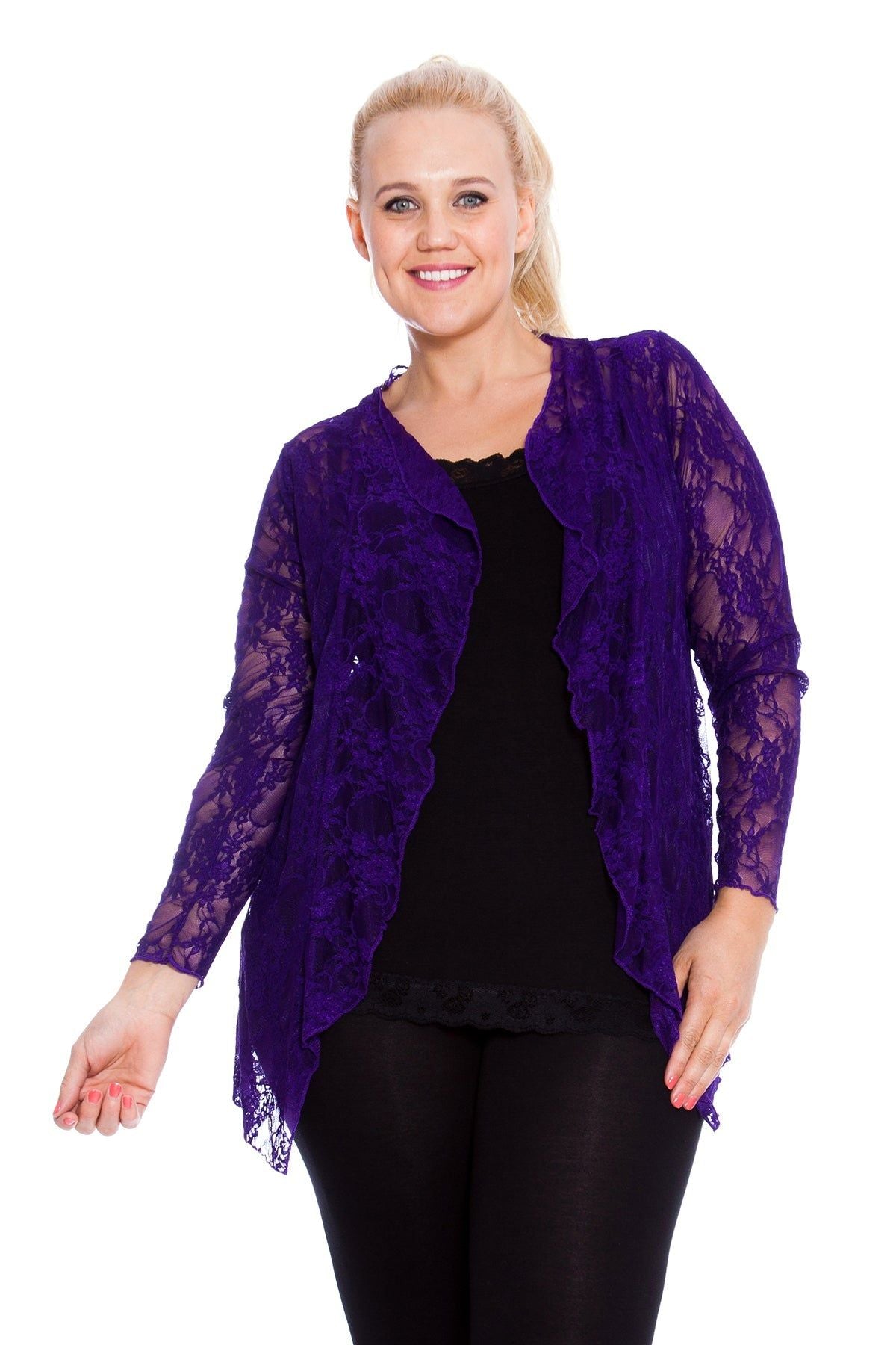 Floral Lace Open Cardigan Waterfall Top Tops WearAll Purple 14