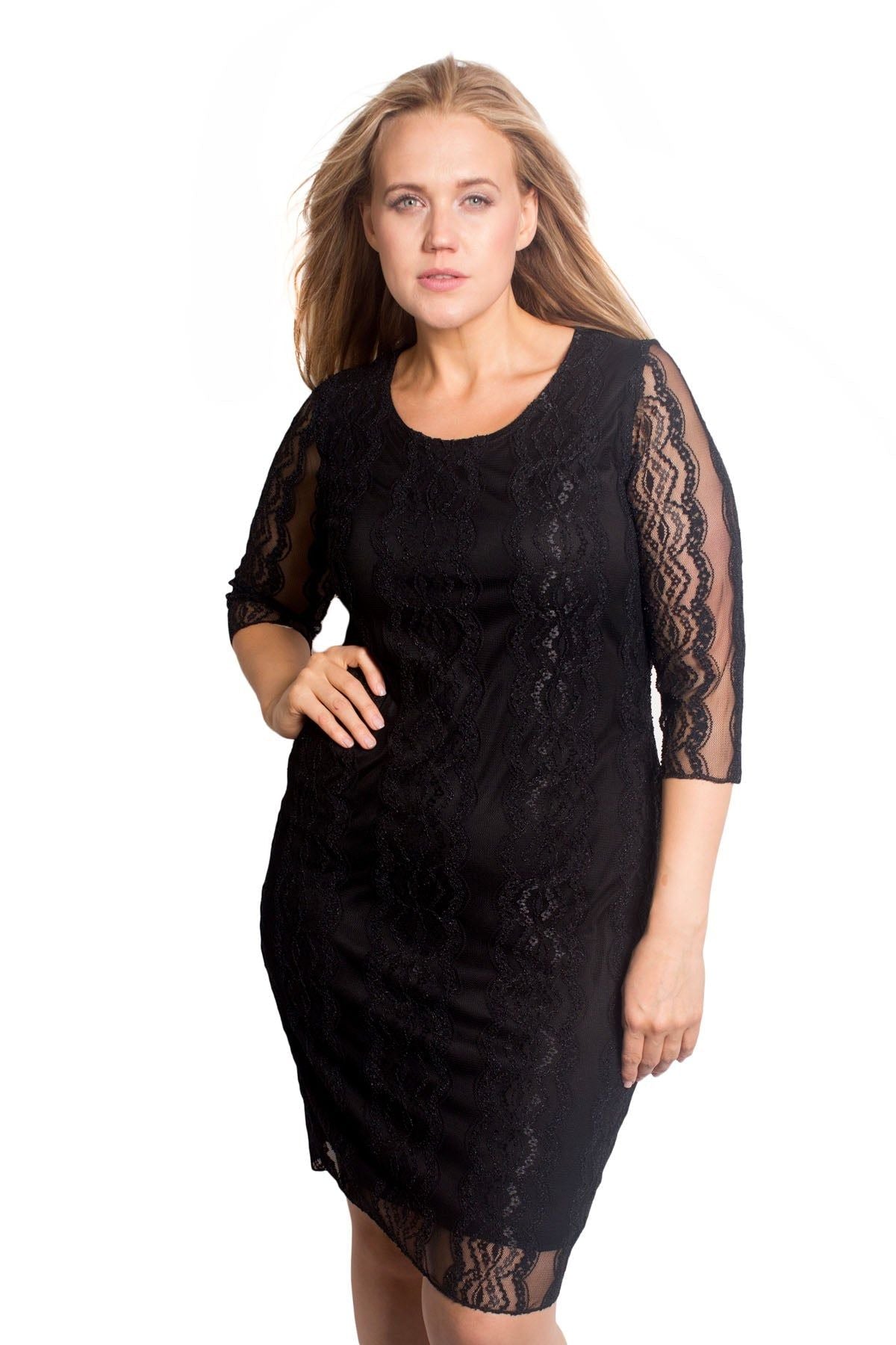 Floral Lace Lined 3/4 Sleeve Dress Tops WearAll Black 14