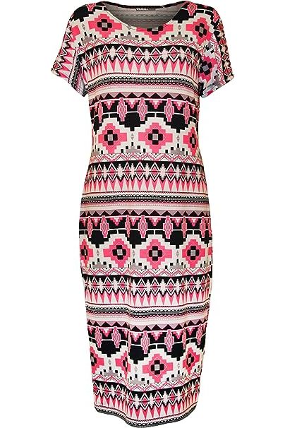 Plus Size Short Sleeve Fluorescent Pink Midi Dress Dress WearAll Fluorescent Pink 14