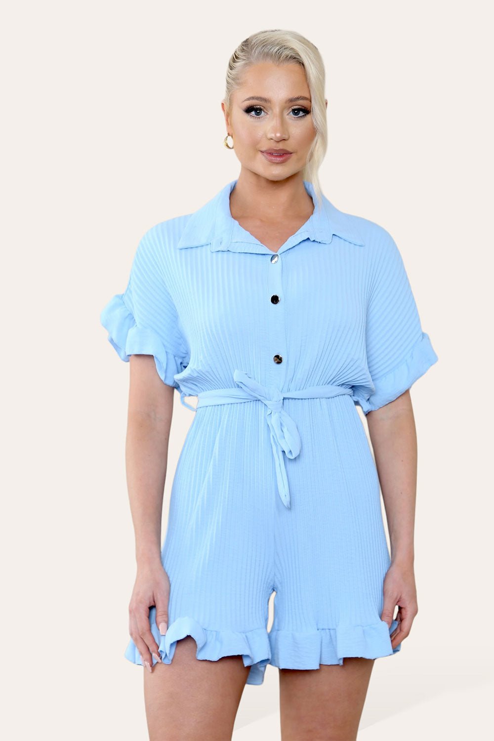 Pleated Ruffle Shirt Short Playsuit With Frill Hems Playsuits & Jumpsuits WearAll