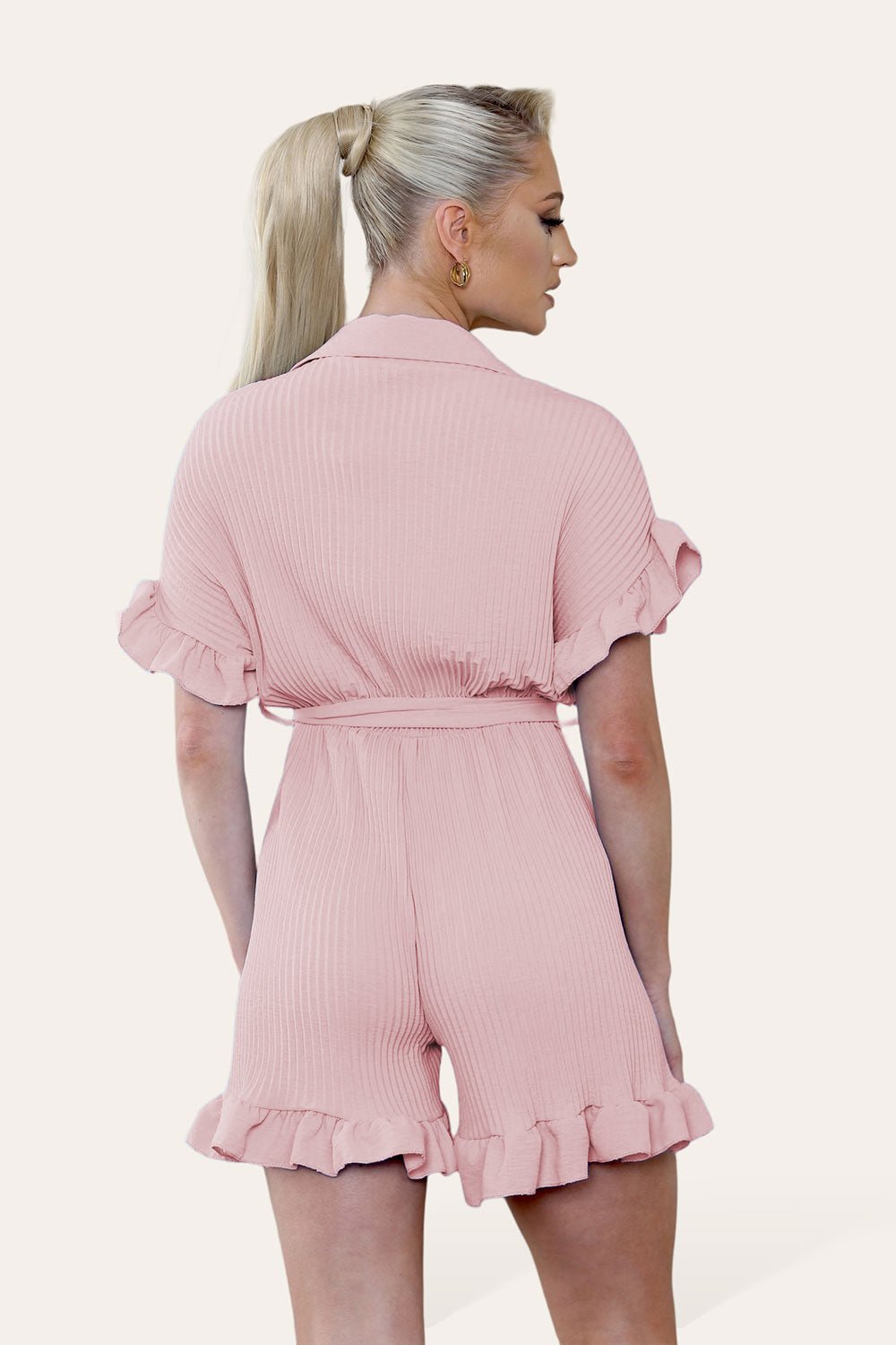 Pleated Ruffle Shirt Short Playsuit With Frill Hems Playsuits & Jumpsuits WearAll Nude Pink One Size UK Fit (8-16)