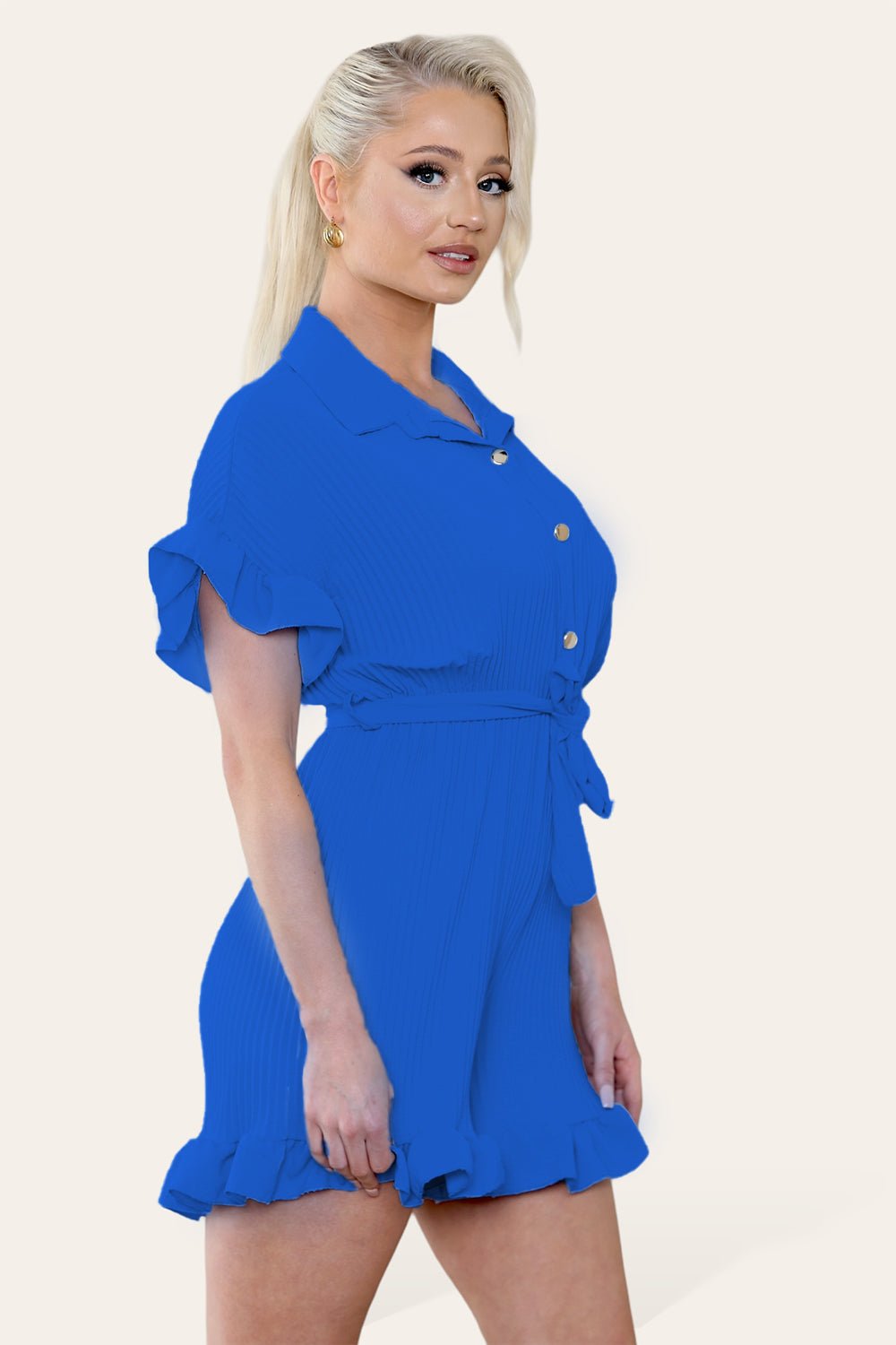 Pleated Ruffle Shirt Short Playsuit With Frill Hems Playsuits & Jumpsuits WearAll Royal Blue One Size UK Fit (8-16)