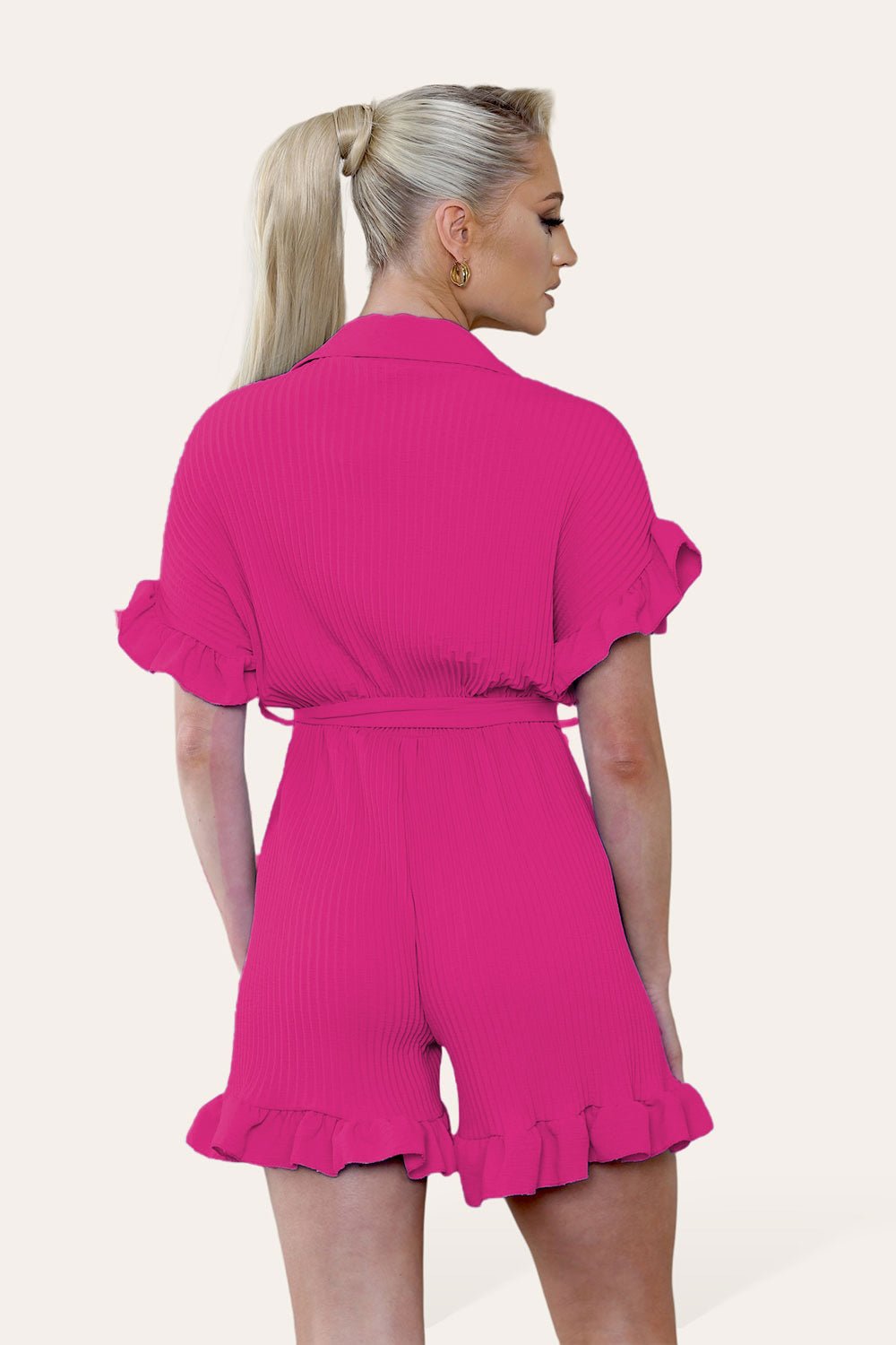 Pleated Ruffle Shirt Short Playsuit With Frill Hems Playsuits & Jumpsuits WearAll Hot Pink / Fuchsia One Size UK Fit (8-16)