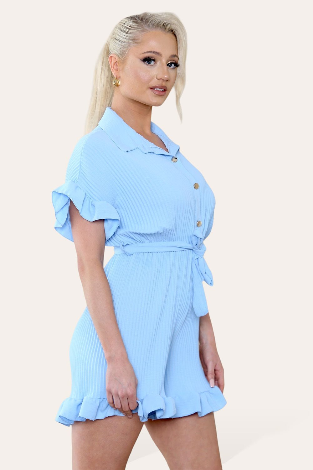 Pleated Ruffle Shirt Short Playsuit With Frill Hems Playsuits & Jumpsuits WearAll