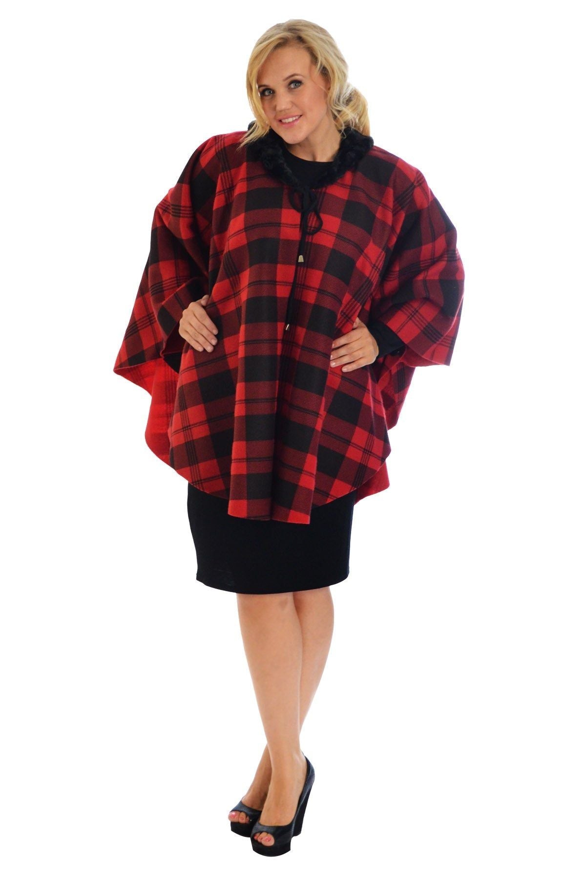 Faux Fur Check Tartan Cape Shawl Poncho Tops WearAll