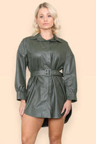 PU Faux Leather Belted Wet Look Shirt Dress Dress WearAll Khaki 6-8 1