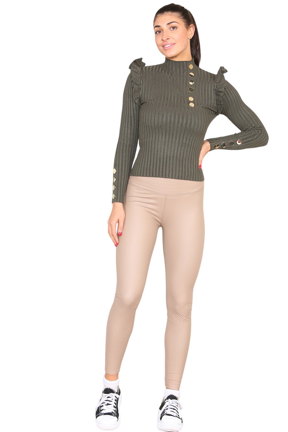 PU Fleece Line High Waisted Wet Look Faux Leather Legging Leggings WearAll Beige S/M