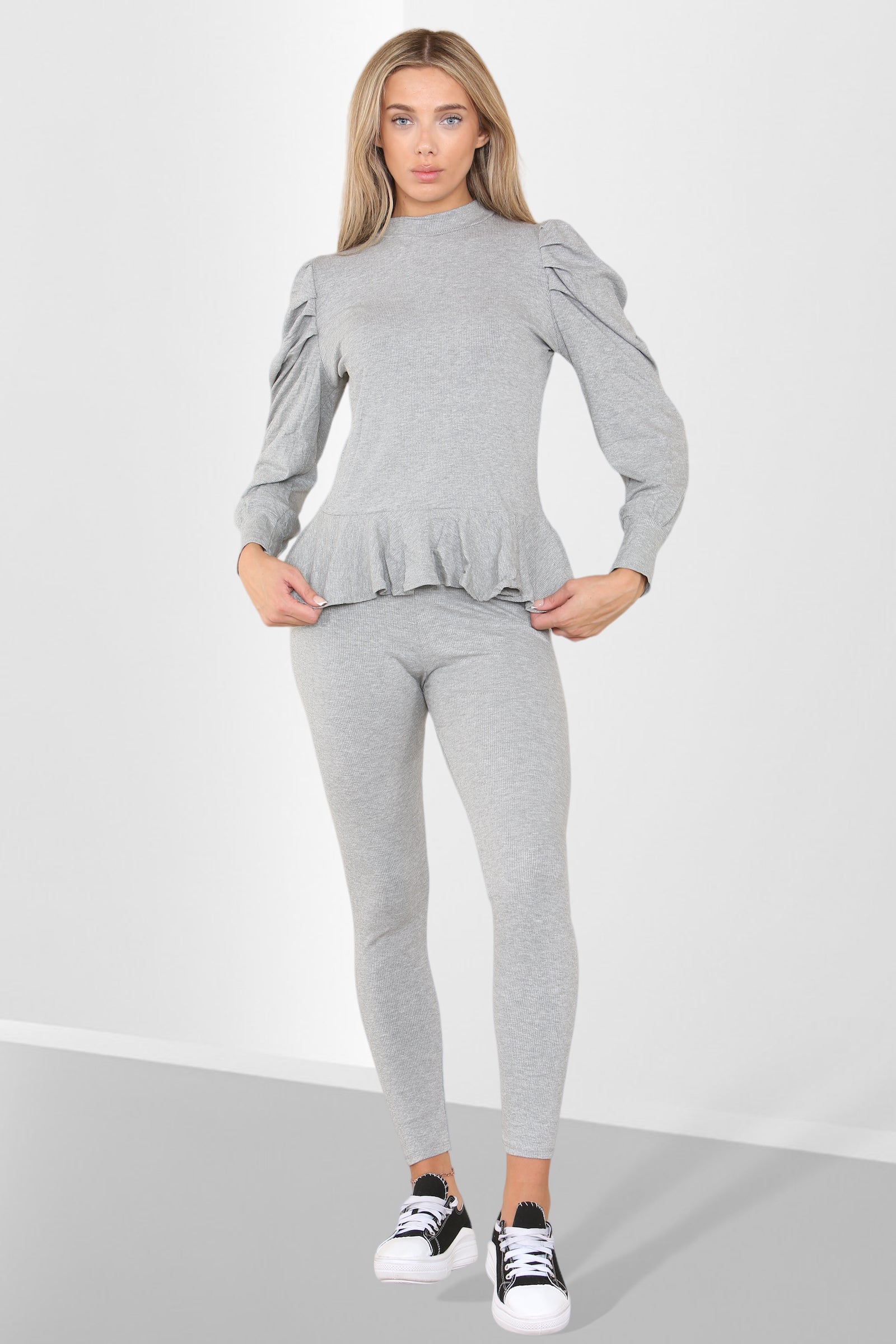 Puff Sleeves Set Frill Hem Peplum Ribbed Lounge Wear Suit Loungewear WearAll Grey 6-8