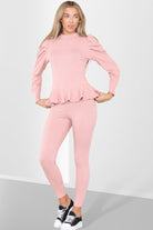 Puff Sleeves Set Frill Hem Peplum Ribbed Lounge Wear Suit Loungewear WearAll Dusty Pink 6-8