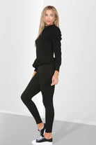 Puff Sleeves Set Frill Hem Peplum Ribbed Lounge Wear Suit Loungewear WearAll