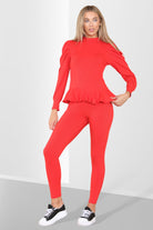 Puff Sleeves Set Frill Hem Peplum Ribbed Lounge Wear Suit Loungewear WearAll